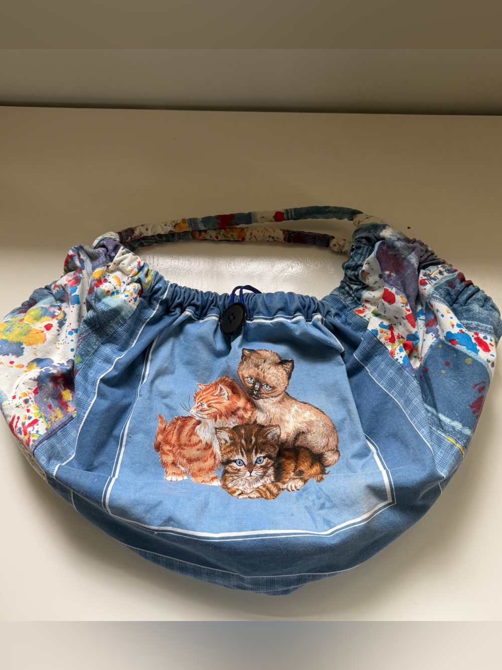 Cat Shoulder Bag Handmade Cotton Blue Kitten Whimsy Maximalist